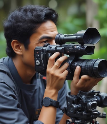 A person in a cap operating a professional video camera outdoors, surrounded by trees and foliage. The scene suggests filming or video production in a natural setting.