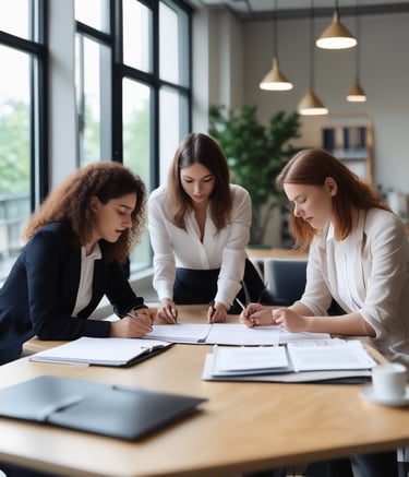 four woman on brown wooden table looking at laptops