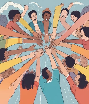 A conference room set up for a presentation or workshop with red chairs arranged around tables. Each table contains glasses, notepads, and black bags with logos. A projector screen at the front displays a title. Banners with graphics and text are positioned on either side of the room. A plant adds greenery to the setting.