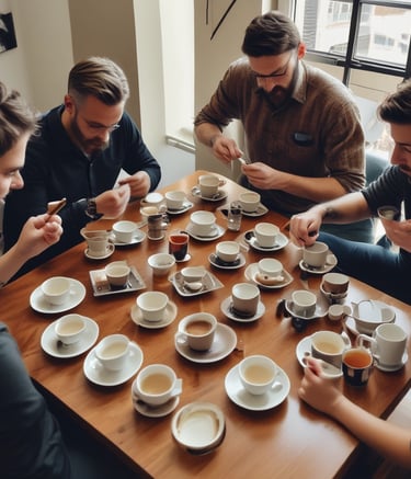 Two green cacao pods grow directly from the trunk of a tree, surrounded by a lush, green environment.
