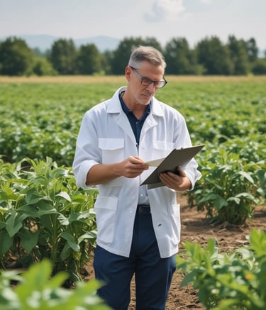 Two green cacao pods grow directly from the trunk of a tree, surrounded by a lush, green environment.