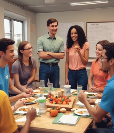 Three individuals are engaged in a communal cooking activity inside a rustic, brick-walled room. The lighting is dim, hinting at a historical or vintage setting, with dust and light beams visible. The people appear to be preparing food over makeshift cooking implements, surrounded by various kitchen tools and equipment.