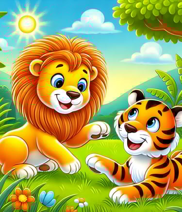 Un León y un Tigre jugando en la selva