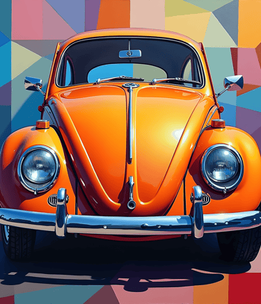 Un coche Beegle (escarabajo) antiguo con colores vivos estilo cubista