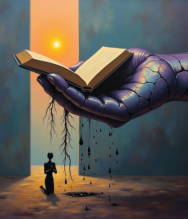 Una mano que sostiene un libro que sangra. Arte Surrealista