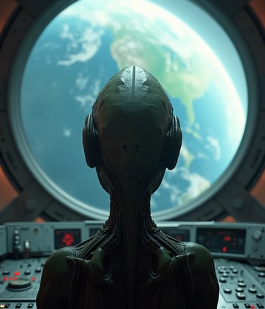Alien (extraterrestre) en una nave viendo La Tierra desde una ventana