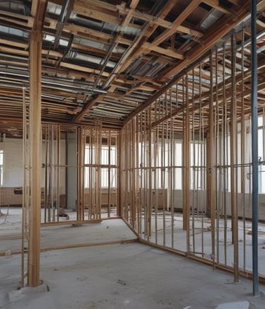 A construction scene with workers building a multi-story wooden structure. Two people are on the roof and another is on a lift, all actively engaged in the building process. The unfinished structure has exposed wooden frames and large window openings.
