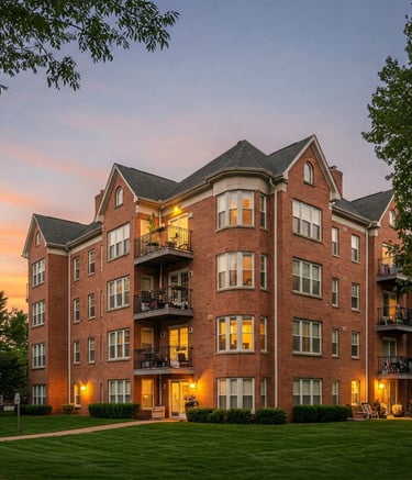 un immeuble en briques avec fenêtres éclairées