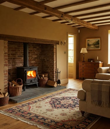 un salon avec fauteuil et poêle