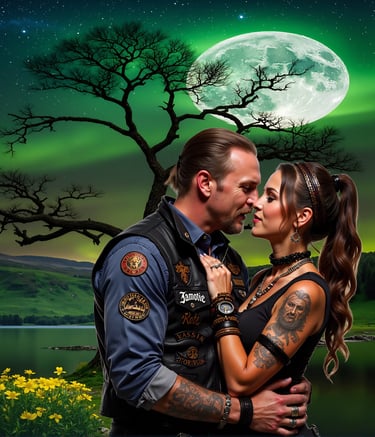 Illusions, Graphic design concept ny MadKiwi Designs a man and woman kissing in front of a full moon