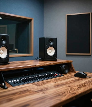 A high-end recording studio interior with professional studio monitors, soundproofing panels in Slate Blue, and a polished wooden desk. The lighting is low and atmospheric, emphasizing a professional, creative workspace.