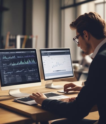 A laptop with an open screen displaying dashboard analytics featuring charts, graphs, and numerical data related to sales and subscriptions. The interface is predominantly dark-themed with sections highlighting key performance metrics. The device shown is a MacBook Pro, indicated by the keyboard layout and branding.