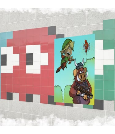 Link attacking a creature in the forest with a sling shot on a tiled wall of Pac-Man ghosts.