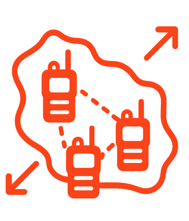 Icono de radios formando una red sobre un terreno amplio, simbolizando expansión de señal sin repeti