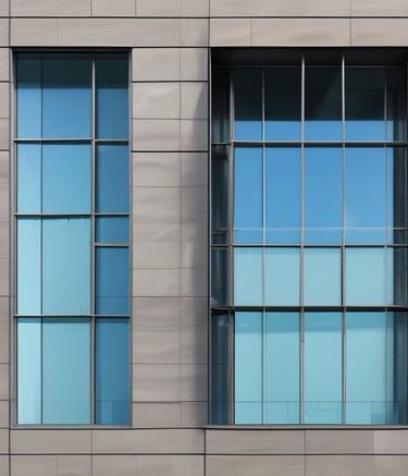 Several workers in harnesses are suspended on ropes while cleaning the glass facade of a skyscraper. The building reflects another skyscraper and the clear blue sky. A tree with green leaves is partially visible in the upper left corner.