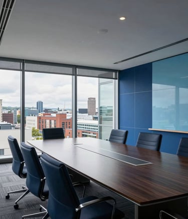 A wide-angle professional photograph of a contemporary British corporate boardroom with glass walls and views of the Bristol cityscape. The room is styled with deep blue and light blue accents, conveying modern expertise. British / UK.