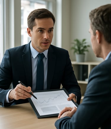 A sophisticated financial consultant in professional business attire discussing a portfolio with a client in a bright, modern Bristol office. The lighting is natural and soft, showcasing a trustworthy and professional atmosphere. British / UK setting.