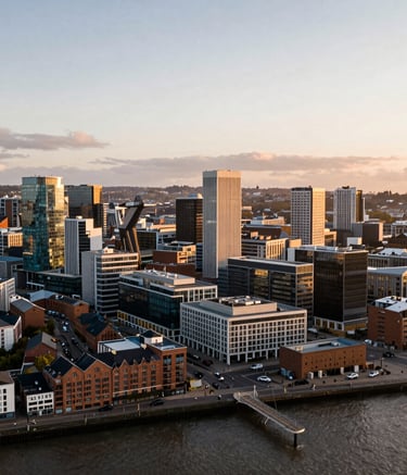 An aerial view of the historic yet modern Bristol waterfront, capturing the city's dynamic business environment. The photo is taken during the golden hour with soft, warm light. British / UK.