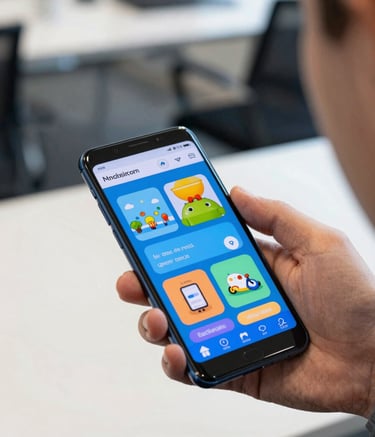 A close-up photograph of a person in a modern North American / US office setting holding a sleek Android phone. The screen displays a colorful and engaging mobile game with steel blue and sky blue UI elements. The lighting is bright and natural, reflecting an innovative and approachable brand mood.