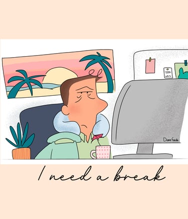 a man sitting at a desk with a computer monitor and a computer monitor. I need a break. Diane Mulolo