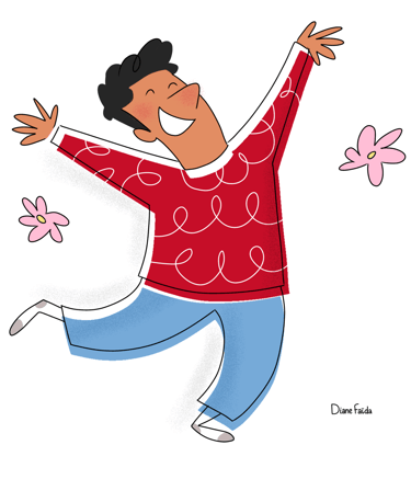 a man in a red shirt and blue jeans is dancing. Diane Mulolo Faida