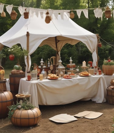 An elegant indoor event setup features a long aisle flanked by white arches adorned with vibrant floral arrangements. The seating area is arranged with chairs covered in white and peach fabric, leading up to a stage draped in golden and yellow fabrics. The stage is decorated with floral arrangements and lit candles, creating a sophisticated and warm atmosphere.
