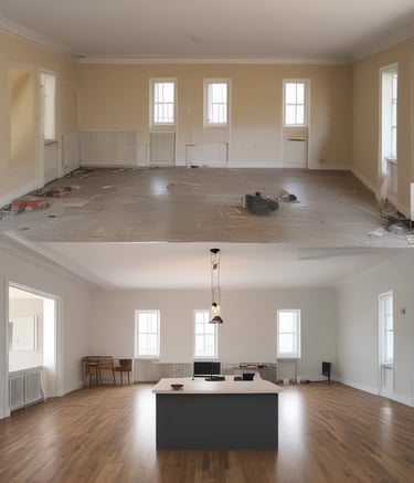 The image depicts a partially renovated or under-construction room. An unfinished wall with visible drywall and joints can be seen, alongside scattered construction materials like a ladder, wooden boards, and yellow construction buckets. A door is propped open, leading to a dimly lit area with more materials stacked in the background.