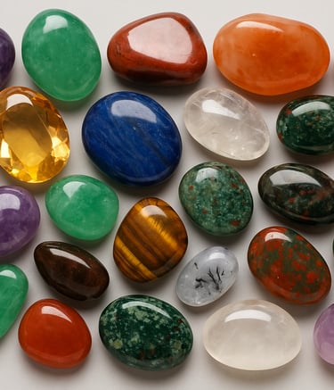 Assorted polished colorful gemstones on a surface.