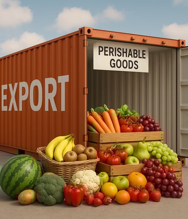 "Shipping container labeled Export with perishable goods"