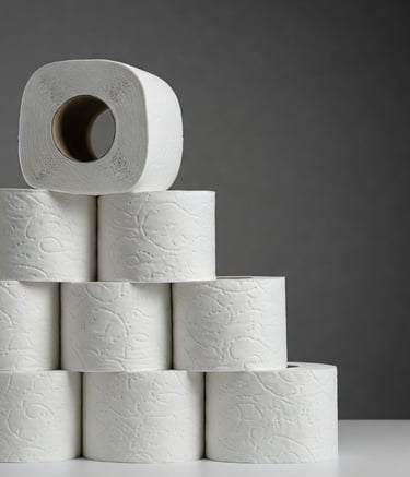 Stacked white toilet paper rolls in a pyramid shape.
