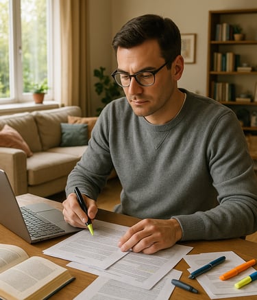 Opositor estudiando en el salón de su casa