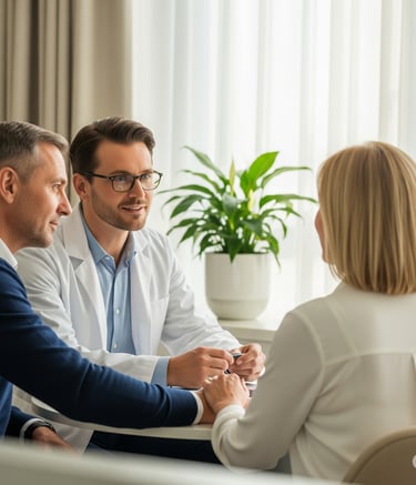 Psicólogo hospitalario habla con matrimonio en su consulta