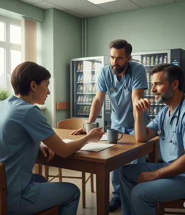 3 enfermeros conversando en la sala de descanso de un hospital