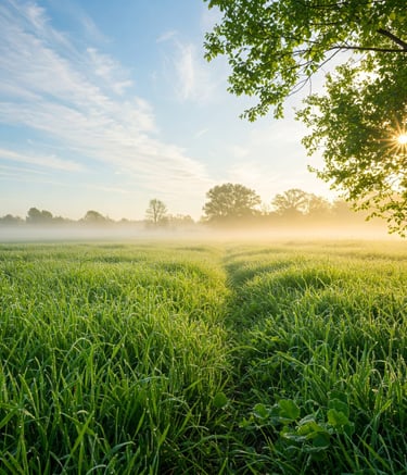 a field with a tree and a path leading to the sun