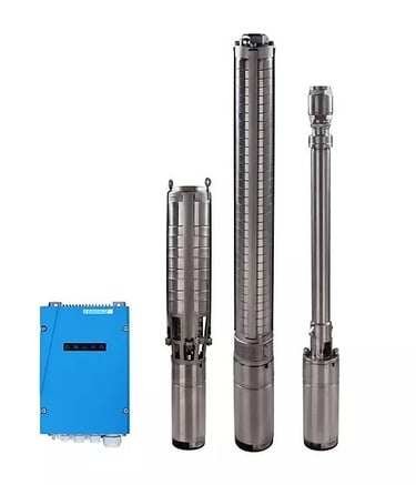Stainless steel solar submersible water pumps with a blue Lorentz controller unit.