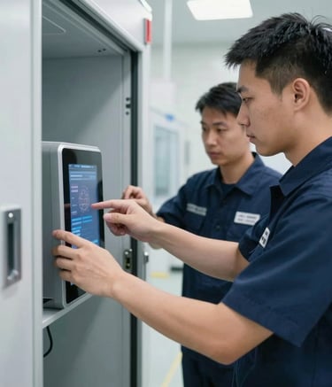 A professional team member wearing a navy blue uniform inspecting a high-tech door system in a clean, modern facility. Focus on precision and reliability within an international global environment.