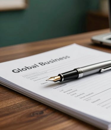 A high-end, close-up photograph of a polished wooden desk featuring a fountain pen and a structured research document. The background is a soft-focus deep green office wall with elegant lighting in a Global Business / Corporate style.
