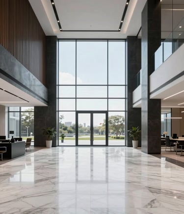 A wide-angle professional photograph of a modern, minimalist corporate office lobby with white marble floors and dark charcoal architectural details. Large glass windows reveal a bright, clear day in a Global Business / Corporate setting.