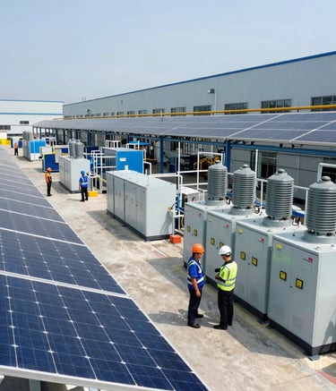 Wide-angle photograph of a bright, clean industrial manufacturing plant in North America. The scene features engineers collaborating near a row of solar panels and heavy-duty electrical distribution systems. The palette includes electric blue and steel gray with natural sunlight.