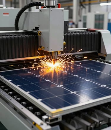 Industrial photography of a state-of-the-art CNC laser cutting machine in a modern North American factory. The machine is processing high-quality steel sheets for solar-integrated control panels. Sparks from the cut provide energetic solar yellow highlights against a professional steel gray backdrop.