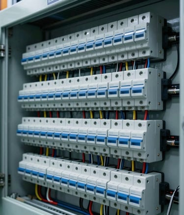 A high-definition macro photograph of a perfectly organized industrial electrical control panel. The image shows intricate wiring, circuit breakers, and IP-rated seals, emphasizing precision engineering and reliability. The lighting is cool electric blue and steel gray, reflecting a clean North American manufacturing environment.