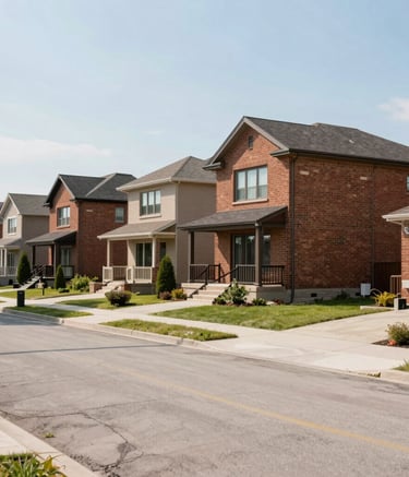 Photography of a clean, residential street in an Ontario, Canada neighborhood. Modern brick homes with well-kept gardens under a bright, clear sky. The composition emphasizes stability and a welcoming atmosphere, with professional architectural lighting.
