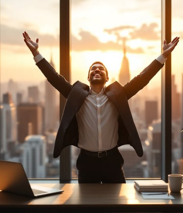 A business owner standing in a modern office, raising their arms in celebration Ribelle Marketing