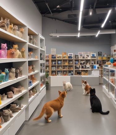Two tabby cats with distinct patterns sit in the foreground, wearing collars, while a shop filled with pet supplies serves as the backdrop. Various bags and containers are visible, along with price tags and colorful packaging.