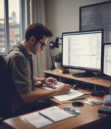 A tech workspace with two computer monitors displaying a variety of applications. The left monitor shows a communication platform, while the right one is filled with a multi-column interface for managing tasks or projects. A keyboard, mouse, headphones, and a laptop are on the desk, along with a smartphone and various stationery items. Dim ambient lighting creates a focused and somewhat secluded atmosphere.