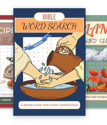 Collection of Debas Direct word search puzzle books including Recipes, Cottage, Sharks, and more.