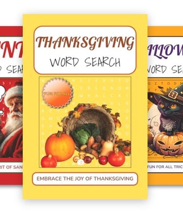 Collection of Debas Direct word search puzzle books including holiday, Cottage, Sharks, and more.