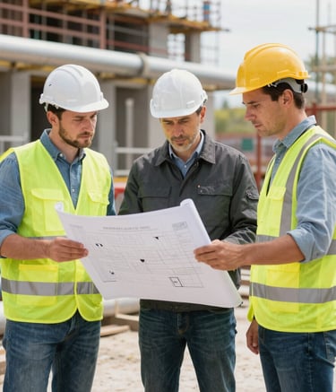 A team working collaboratively on a pipe installation.