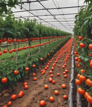 A vast agricultural field filled with green leafy crops extends toward the horizon. In the distance, several buildings are visible, some with palm trees nearby. The sky above is partly cloudy with patches of blue.