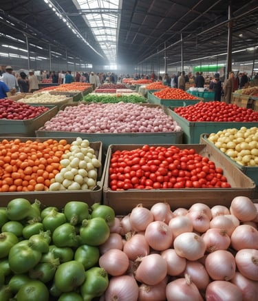 A vibrant agricultural scene with two tractors working on a field surrounded by green grass and scattered yellow flowers. The tractors are red and white with attached machinery, handling hay or straw. In the distant background, there are trees and open fields under a clear blue sky.